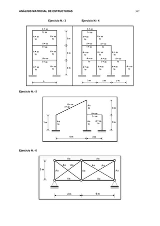 ANÁLISIS MATRICIAL DE ESTRUCTURAS 367
Ejercicio N.- 3 Ejercicio N.- 4
Ejercicio N.- 5
Ejercicio N.- 6
 
