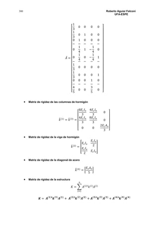 380 Roberto Aguiar Falconí
UFA-ESPE
𝐴̅ =
[
1
3
0 0 0 0
1
3
0 1 0 0
0 1 0 0 0
− − − − −
0
1
4
1 −
1
4
0
0
1
4
0 −
1
4
1
− − − − −
1
3
0 0 0 0
1
3
0 0 0 1
0 0 0 1 0
− − − − −
4
5
0 0
3
5
0 ]
 Matriz de rigidez de las columnas de hormigón
𝑘̅(1)
= 𝑘̅(3)
=
[
8𝐸𝑐 𝐼 𝑜
3
4𝐸𝑐 𝐼 𝑜
3
0
4𝐸𝑐 𝐼 𝑜
3
8𝐸𝑐 𝐼 𝑜
3
0
0 0
2𝐸𝑐 𝐴 𝑜
3 ]
 Matriz de rigidez de la viga de hormigón
𝑘̅(2)
= [
𝐸𝑐 𝐼 𝑜
𝐸𝑐 𝐼 𝑜
2
𝐸𝑐 𝐼 𝑜
2
𝐸𝑐 𝐼 𝑜
]
 Matriz de rigidez de la diagonal de acero
𝑘̅(4)
= [
𝐸𝑠 𝐴 𝑜
5
]
 Matriz de rigidez de la estructura
𝐾 = ∑ 𝐴(𝑖)𝑡
𝑘(𝑖)
𝐴(𝑖)
𝑛
𝑖=1
𝑲 = 𝑨( 𝟏) 𝒕
𝒌(𝟏)
𝑨(𝟏)
+ 𝑨( 𝟐) 𝒕
𝒌(𝟐)
𝑨(𝟐)
+ 𝑨( 𝟑) 𝒕
𝒌(𝟑)
𝑨(𝟑)
+ 𝑨( 𝟒) 𝒕
𝒌(𝟒)
𝑨(𝟒)
 