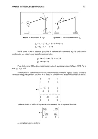 ANÁLISIS MATRICIAL DE ESTRUCTURAS 385
Figura 10.12 Sistema pP  Figura 10.13 Deformada elemental 1q
101
06000
122
1121




p
Lvvp
De la figura 10.13 se observa que para el elemento BC solamente 11  y las demás
coordenadas son nulas. Luego las deformaciones valen:
110
104104100
4
3


p
p
Para el elemento CD las deformaciones son nulas, lo que se aprecia en la figura 10.13. Por lo
tanto 065  pp .
Se han utilizado las fórmulas indicadas para elementos axialmente rígidos. Se deja al lector el
cálculo de la segunda y tercera columna de la matriz de compatibilidad de deformaciones que resulta.


































010
1100
011
00104
001
100
A
Ahora se evalúa la matriz de rigidez de cada elemento con la siguiente ecuación:
k














L
EI
L
EI
L
EI
L
EI
46
612
2
23
Al reemplazar valores se tiene:
 