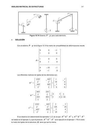 ANÁLISIS MATRICIAL DE ESTRUCTURAS 387
Figura 10.14 Sistema pP  para cada elemento.
 SOLUCIÓN
Con el sistema pP  de la figura 10.14 la matriz de compatibilidad de deformaciones resulta
































010
1100
010
001
001
100
A
Las diferentes matrices de rigidez de los elementos son:
)1(
k





























6
4
6
1
6
1
18
1
46
612
2
23
L
EI
L
EI
L
EI
L
EI
)2(
k
102
3
21
12
42
24



















L
EI
L
EI
L
EI
L
EI
)3(
k





























5
4
25
3
25
3
125
3
46
612
2
23
L
EI
L
EI
L
EI
L
EI
Si se observa con detenimiento los ejemplos 1 y 3, se ve que
)1()1()1(
AkA t
y
)3()3()3(
AkA t
se realizó en el ejemplo 3 y que el producto
)2()2()2(
AkA t
se lo ejecutó en el ejemplo 1. Por lo tanto
la matriz de rigidez de la estructura K tiene que ser la misma.
 