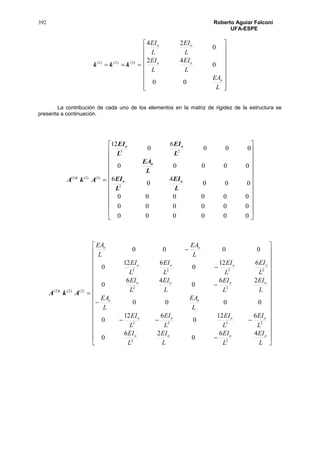 392 Roberto Aguiar Falconí
UFA-ESPE
 )3()2()1(
kkk


















L
EA
L
EI
L
EI
L
EI
L
EI
o
oo
oo
00
0
42
0
24
La contribución de cada uno de los elementos en la matriz de rigidez de la estructura se
presenta a continuación.
)1()1()1(
AkA t


























000000
000000
000000
000
4
0
6
00000
000
6
0
12
2
23
L
EI
L
EI
L
EA
L
EI
L
EI
oo
o
oo
)2()2()2(
AkA t








































L
EI
L
EI
L
EI
L
EI
L
EI
L
EI
L
EI
L
EI
L
EA
L
EA
L
EI
L
EI
L
EI
L
EI
L
EI
L
EI
L
EI
L
EI
L
EA
L
EA
oooo
oooo
oo
oooo
oooo
oo
46
0
26
0
612
0
612
0
0000
26
0
46
0
612
0
612
0
0000
22
2323
22
2323
 