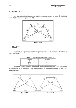 396 Roberto Aguiar Falconí
UFA-ESPE
 EJEMPLO N.- 9
Para la armadura plana indicada en la figura 10.26, calcular la matriz de rigidez K si todos los
elementos tienen la misma rigidez axial EA.
Figura 10.26
 SOLUCIÓN
En primer lugar se procede a calcular la longitud de cada uno de los elementos el resultado se
indica en la tabla 1.
Tabla 1 Longitudes de las barras de Ejemplo 9
Elemento Longitud
1=2=3 L
4=5 2L
6=7 3 L
En segundo lugar se determina un sistema de coordenadas generalizadas qQ  y un sistema
de coordenadas de los elementos pP  , los mismos que se indican en las figuras 10.27 y 10.28,
respectivamente.
Figura 10.27 Figura 10.28
 