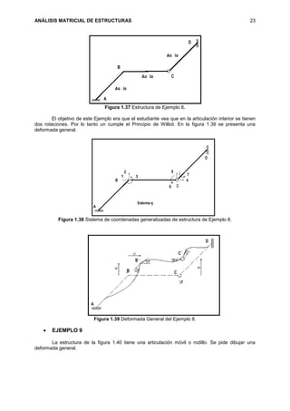 ANÁLISIS MATRICIAL DE ESTRUCTURAS 23
Figura 1.37 Estructura de Ejemplo 8.
El objetivo de este Ejemplo era que el estudiante vea que en la articulación interior se tienen
dos rotaciones. Por lo tanto un cumple el Principio de Williot. En la figura 1.39 se presenta una
deformada general.
Figura 1.38 Sistema de coordenadas generalizadas de estructura de Ejemplo 8.
Figura 1.39 Deformada General del Ejemplo 8.
 EJEMPLO 9
La estructura de la figura 1.40 tiene una articulación móvil o rodillo. Se pide dibujar una
deformada general.
 