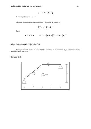 ANÁLISIS MATRICIAL DE ESTRUCTURAS 405
  QAkAq t 111 

Por otra parte se conoce que:
Al igualar éstas dos últimas ecuaciones y simplificar Q se tiene:
  1111 
 t
AkAK
Pero
    11111 
 ttt
AkAAkAKAkAK
10.6 EJERCICIOS PROPUESTOS
Trabajando con la matriz de compatibilidad completa en los ejercicios 1 y 2 encontrar la matriz
de rigidez de la estructura.
Ejercicio N.- 1
 