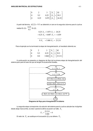ANÁLISIS MATRICIAL DE ESTRUCTURAS 415































25.24
5.39
42
875.325.00
25.05.90
328
3
2
1
X
X
X
A partir del término 5.9)2,2( A se obtendrá un cero en la segunda columna para lo cual se
realiza Ec (3) -
5.9
25.0
Ec (2).
211.23868.30
_______________________
039.1007.025.0
25.24875.325.0
32
32
32



XX
XX
XX
Para el ejemplo se ha terminado la etapa de triangularización, el resultado obtenido es:































211.23
5.39
42
868.30.00
25.05.90
328
3
2
1
X
X
X
A continuación se presenta un diagrama de flujo de la primera etapa de triangularización del
sistema pero para el caso de que se tengan N ecuaciones lineales.
Diagrama de flujo para triangularizar el sistema
La segunda etapa corresponde a la solución del sistema para lo cual se calculan las incógnitas
desde abajo hacia arriba, es decir usando la última ecuación se halla 3X
6
868.3
211.23
3 X
El valor de 3X se sustituye en la ecuación (2) y se obtiene 2X
 