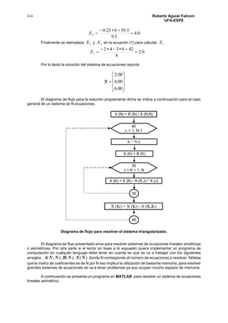 416 Roberto Aguiar Falconí
UFA-ESPE
40
L = 1, N-1
30
J = K + 1, N
X (N) = B (N) / A (N,N)
40
K = N-L
X (K) = X (K) / A (K,K)
X (K) = X (K) - A (K,J) * X (J)
30
X (K) = B (K)
0.4
5.9
5.39625.0
2 

X
Finalmente se reemplaza 2X y 3X en la ecuación (1) para calcular 1X
0.2
8
426342
1 

X
Por lo tanto la solución del sistema de ecuaciones reporta:











00.6
00.4
00.2
X
El diagrama de flujo para la solución propiamente dicha se indica a continuación para el caso
general de un sistema de N ecuaciones.
Diagrama de flujo para resolver el sistema triangularizado.
El diagrama de flujo presentado sirve para resolver sistemas de ecuaciones lineales simétricas
o asimétricas. Por otra parte si el lector en base a lo expuesto quiere implementar un programa de
computación en cualquier lenguaje debe tener en cuenta es que se va a trabajar con los siguientes
arreglos: )(),(),,( NXNBNNA donde N corresponde al número de ecuaciones a resolver. Nótese
que la matriz de coeficientes es de N por N eso implica la utilización de bastante memoria, para resolver
grandes sistemas de ecuaciones se va a tener problemas ya que ocupan mucho espacio de memoria.
A continuación se presenta un programa en MATLAB para resolver un sistema de ecuaciones
lineales asimétrico.
 