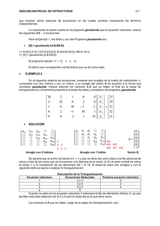 ANÁLISIS MATRICIAL DE ESTRUCTURAS 423
que resolver varios sistemas de ecuaciones en las cuales cambian únicamente los términos
independientes.
Lo importante es darse cuenta en el programa gausbanda que la ecuación reductora, reduce
las siguientes 𝑲𝑩 − 𝟏 ecuaciones.
Para el Ejemplo 1, los datos y uso del Programa gausbanda son:
 [X] = gausbanda (A,B,KB,N)
>> A=[8;2;3;10;1;0;5;0;0;0;0;0]; B=[42;50;40;0]; KB=3; N=3;
>> [X] = gausbanda (A,B,KB,N)
El programa reporta: 𝑋 𝑡
= [2 4 6 0]
El último cero corresponde a la fila ficticia que se dio como dato.
 EJEMPLO 2
En el siguiente sistema de ecuaciones, presente dos arreglos de la matriz de coeficientes 𝐴,
numerados con dos índices y con un índice, y un arreglo del vector 𝑩 de acuerdo a la forma que
considera gausbanda. Indique además los vectores 𝑨, 𝑩 que se hallan al final de la etapa de
triangularización y finalmente presente la entrada de datos y resultados del programa gausbanda.



















































21
32
32
29
23
181200
130120
213001
020252
001220
5
4
3
2
1
X
X
X
X
X
 SOLUCION
Arreglo con 2 Índices Arreglo con 1 Índice Vector B
Se aprecia que el ancho de banda 𝐾𝐵 = 3 y que se debe dar como datos una fila adicional de
ceros a más de los ceros que se encuentran a la derecha de la matriz 𝑨. En la parte central se indica
el vector 𝐴 y la numeración de los elementos del 1 al 18. Al observar estos dos arreglos y con la
siguiente tabla se aspira a explicar la triangularización.
Descripción de la Triangularización
Ecuación reductora Ecuaciones Reducidas Próxima ecuación reductora
1 2 y 3 2
2 3 y 4 3
3 4 y 5 4
4 5
Cuando se está con la ecuación reductora 4 interviene la fila de elementos ficticios 0, ya que
las filas reducidas deberían ser la 5 y 6 pero la sexta fila es la que tiene ceros.
Los vectores 𝑨, 𝑩 que se hallan, luego de la etapa de triangularización, son:
 