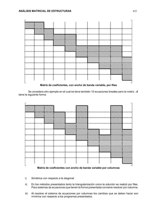 ANÁLISIS MATRICIAL DE ESTRUCTURAS 425
Matriz de coeficientes, con ancho de banda variable, por filas
Se considera otro ejemplo en el cual se tiene también 10 ecuaciones lineales pero la matriz A
tiene la siguiente forma
Matriz de coeficientes con ancho de banda variable por columnas
i) Simétrica con respecto a la diagonal.
ii) En los métodos presentados tanto la triangularización como la solución se realizó por filas.
Para sistemas de ecuaciones que tienen la forma presentada conviene resolver por columna.
iii) Al resolver el sistema de ecuaciones por columnas los cambios que se deben hacer son
mínimos con respecto a los programas presentados.
 