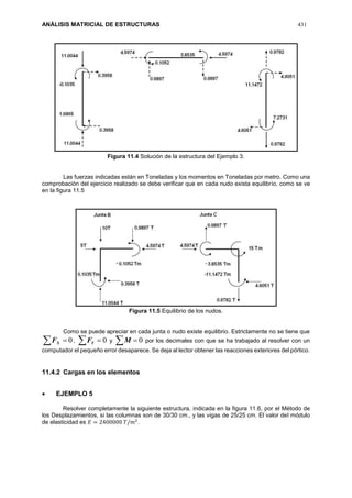 ANÁLISIS MATRICIAL DE ESTRUCTURAS 431
Figura 11.4 Solución de la estructura del Ejemplo 3.
Las fuerzas indicadas están en Toneladas y los momentos en Toneladas por metro. Como una
comprobación del ejercicio realizado se debe verificar que en cada nudo exista equilibrio, como se ve
en la figura 11.5
Figura 11.5 Equilibrio de los nudos.
Como se puede apreciar en cada junta o nudo existe equilibrio. Estrictamente no se tiene que
  0XF ,   0YF y   0M por los decimales con que se ha trabajado al resolver con un
computador el pequeño error desaparece. Se deja al lector obtener las reacciones exteriores del pórtico.
11.4.2 Cargas en los elementos
 EJEMPLO 5
Resolver completamente la siguiente estructura, indicada en la figura 11.6, por el Método de
los Desplazamientos, si las columnas son de 30/30 cm., y las vigas de 25/25 cm. El valor del módulo
de elasticidad es 𝐸 = 2400000 𝑇/𝑚2
.
 