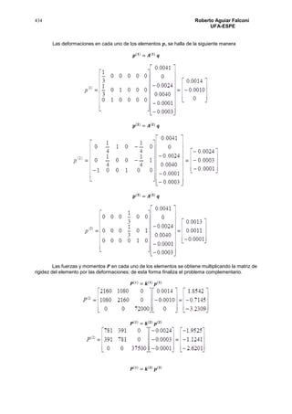 434 Roberto Aguiar Falconí
UFA-ESPE
Las deformaciones en cada uno de los elementos 𝒑, se halla de la siguiente manera
𝒑(𝟏)
= 𝑨(𝟏)
𝒒
𝒑(𝟐)
= 𝑨(𝟐)
𝒒
𝒑(𝟑)
= 𝑨(𝟑)
𝒒
Las fuerzas y momentos 𝑷 en cada uno de los elementos se obtiene multiplicando la matriz de
rigidez del elemento por las deformaciones; de esta forma finaliza el problema complementario.
𝑷(1)
= 𝒌(𝟏)
𝒑(𝟏)
𝑷(2)
= 𝒌(𝟐)
𝒑(𝟐)
𝑷(3)
= 𝒌(𝟑)
𝒑(𝟑)
 