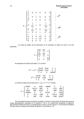 440 Roberto Aguiar Falconí
UFA-ESPE
La matriz de rigidez de los elementos al no considerar el efecto de corte ∅, son las
siguientes.
𝑘 =
[
4𝐸𝐼
𝐿
2𝐸𝐼
𝐿
0
2𝐸𝐼
𝐿
4𝐸𝐼
𝐿
0
0 0
𝐸𝐴
𝐿 ]
Al reemplazar los datos de la tabla 11.3, se tiene:
𝑘(1)
= 𝑘(3)
= [
5120 2560 0
2560 5120 0
0 0 96000
]
𝑘(2)
= [
1440 720 0
720 1440 0
0 0 48000
]
La matriz de rigidez de la estructura 𝐾 = ∑ 𝐴(𝑖)𝑡3
𝑖=1 𝑘(𝑖)
𝐴(𝑖)
resulta:
𝐾 =
[
49907 0 2560 −48000 0 0
0 96213 480 0 −213 480
2560 480 6560 0 −480 720
−48000 0 0 49707 0 2560
0 −213 −480 0 96213 −480
0 480 720 2560 −480 6560]
Con el propósito de tener el ejercicio completo, se indica a continuación el cálculo del vector de
cargas generalizadas, estudiado en el Capítulo 4. Se lo va a determinar empleando el algoritmo
denominado Problema Primario y Complementario, para lo cual en la figura 11.15 se indica el Problema
Primario donde se aprecian las fuerzas de fijación 𝑅𝑖 que hacen 𝒒 = 𝟎.
 