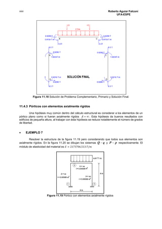 444 Roberto Aguiar Falconí
UFA-ESPE
Figura 11.18 Solución de Problema Complementario, Primario y Solución Final.
11.4.3 Pórticos con elementos axialmente rígidos
Una hipótesis muy común dentro del cálculo estructural es considerar a los elementos de un
pórtico plano como si fueran axialmente rígidos A . Esta hipótesis da buenos resultados con
edificios de pequeña altura, al trabajar con ésta hipótesis se reduce notablemente el número de grados
de libertad.
 EJEMPLO 7
Resolver la estructura de la figura 11.19 pero considerando que todos sus elementos son
axialmente rígidos. En la figura 11.20 se dibujan los sistemas qQ  y pP  respectivamente. El
módulo de elasticidad del material es 𝐸 = 2173706.513 𝑇/𝑚
Figura 11.19 Pórtico con elementos axialmente rígidos
 