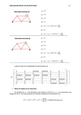ANÁLISIS MATRICIAL DE ESTRUCTURAS 451
Luego la matriz de compatibilidad de deformaciones es:
 Matriz de rigidez de los elementos
Se identifica por 𝐿1 a los elementos cuya longitud es 39.05 cm, y 𝐿2 a los elementos cuya
longitud es 50 cm. Con esta acotación las matrices de rigidez de los elementos, son:
𝑘(1)
= 𝑘(3)
= 𝑘(5)
= 𝑘(7)
= [
𝐸𝐴
𝐿1
] = [108125.49 𝐾𝑔/𝑐𝑚]
 