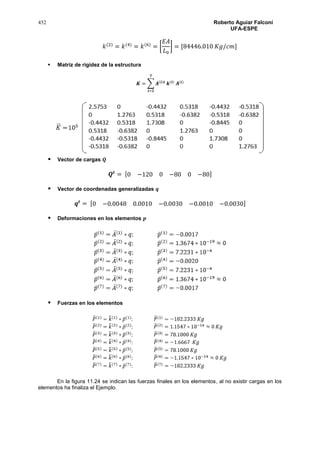 452 Roberto Aguiar Falconí
UFA-ESPE
𝑘(2)
= 𝑘(4)
= 𝑘(6)
= [
𝐸𝐴
𝐿0
] = [84446.010 𝐾𝑔/𝑐𝑚]
 Matriz de rigidez de la estructura
𝑲 = ∑ 𝑨(𝒊)𝒕
𝒌(𝒊)
𝑨(𝒊)
𝟕
𝒊=𝟏
 Vector de cargas 𝑸
𝑸𝒕
= [0 −120 0 −80 0 −80]
 Vector de coordenadas generalizadas 𝒒
𝒒𝒕
= [0 −0.0048 0.0010 −0.0030 −0.0010 −0.0030]
 Deformaciones en los elementos 𝒑
 Fuerzas en los elementos
En la figura 11.24 se indican las fuerzas finales en los elementos, al no existir cargas en los
elementos ha finaliza el Ejemplo.
 