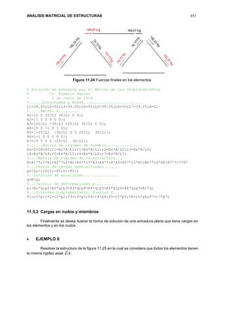 ANÁLISIS MATRICIAL DE ESTRUCTURAS 453
Figura 11.24 Fuerzas finales en los elementos.
% Solución de armadura por el Método de los Desplazamientos
% Dr. Roberto Aguiar
% 5 de Junio de 2014
%......Longitudes y Areas..........................
L1=39.05;L2=50;L3=39.05;L4=50;L5=39.05;L6=50;L7=39.05;A=2;
%.....Matriz A.........
A1=[0 0 25/L1 30/L1 0 0];
A2=[1 0 0 0 0 0];
A3=[25/L1 -30/L1 -25/L1 30/L1 0 0];
A4=[0 0 -1 0 1 0];
A5=[-25/L1 -30/L1 0 0 25/L1 30/L1];
A6=[-1 0 0 0 0 0];
A7=[0 0 0 0 -25/L1 30/L1];
%......Matriz de rigidez de miembro................
Es=2100000;r1=Es*A/L1;r1=Es*A/L1;r2=Es*A/L2;r3=Es*A/L3;
r4=Es*A/L4;r5=Es*A/L5;r6=Es*A/L6;r7=Es*A/L7;
%....Matriz de rigidez de la estructura...
K=A1'*r1*A1+A2'*r2*A2+A3'*r3*A3+A4'*r4*A4+A5'*r5*A5+A6'*r6*A6+A7'*r7*A7
%...Vector de cargas generalizadas.......
Q=[0;-120;0;-80;0;-80];
%..Solución de ecuaciones...............
q=KQ;
%...Calculo de deformaciones p.........
p1=A1*q;p2=A2*q;p3=A3*q;p4=A4*q;p5=A5*q;p6=A6*q;p7=A7*q;
%...Problema Complementario. Fuerzas P...
P1=r1*p1;P2=r2*p2;P3=r3*p3;P4=r4*p4;P5=r5*p5;P6=r6*p6;P7=r7*p7;
11.5.2 Cargas en nudos y miembros
Finalmente se desea ilustrar la forma de solución de una armadura plana que tiene cargas en
los elementos y en los nudos.
 EJEMPLO 9
Resolver la estructura de la figura 11.25 en la cual se considera que todos los elementos tienen
la misma rigidez axial EA.
 