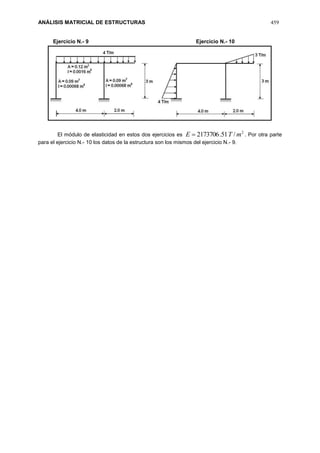 ANÁLISIS MATRICIAL DE ESTRUCTURAS 459
Ejercicio N.- 9 Ejercicio N.- 10
El módulo de elasticidad en estos dos ejercicios es
2
/51.2173706 mTE  . Por otra parte
para el ejercicio N.- 10 los datos de la estructura son los mismos del ejercicio N.- 9.
 