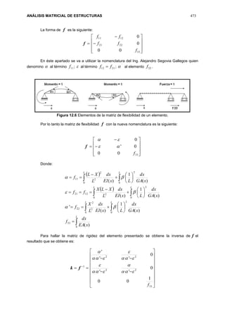 ANÁLISIS MATRICIAL DE ESTRUCTURAS 473
La forma de f es la siguiente:
f












33
2221
1211
00
0
0
f
ff
ff
En éste apartado se va a utilizar la nomenclatura del Ing. Alejandro Segovia Gallegos quien
denomino  al término 11f ;  al término 2112 ff  ;
´
 al elemento 22f .
Figura 12.6 Elementos de la matriz de flexibilidad de un elemento.
Por lo tanto la matriz de flexibilidad f con la nueva nomenclatura es la siguiente:
f













3300
0'
0
f


Donde:
 
 

 
 
 


























L
L L
L L
L L
xEA
dx
f
xGA
dx
LxEI
dx
L
X
f
xGA
dx
LxEI
dx
L
XLX
ff
xGA
dx
LxEI
dx
L
XL
f
0
33
0 0
2
2
2
22
0 0
2
21221
0 0
2
2
2
11
)(
)(
1
)(
'
)(
1
)(
)(
1
)(



Para hallar la matriz de rigidez del elemento presentado se obtiene la inversa de f el
resultado que se obtiene es:
 1
fk




















33
22
22
1
00
0
''
0
''
'
f








 