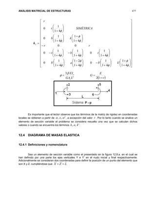 ANÁLISIS MATRICIAL DE ESTRUCTURAS 477
2k




















































































































41
1
'
41
1
'0
41
21
41
1
'0
41
1
0
41
1
41
1
0
00
41
1
41
1
0
41
1
0
kbab
tbt
rr
kb
SIMÉTRICAt
r
 




12
3
2
E
G
LGA
EI
o
o
Es importante que el lector observe que los términos de la matriz de rigidez en coordenadas
locales se obtienen a partir de ',,  , a excepción del valor r . Por lo tanto cuando se analice un
elemento de sección variable el problema se considera resuelto una vez que se calculan dichos
valores o cuando se encuentra los términos ',, kak .
12.4 DIAGRAMA DE MASAS ELASTICA
12.4.1 Definiciones y nomenclatura
Sea un elemento de sección variable como el presentado en la figura 12.8.a. en el cual se
han definido por una parte los ejes verticales Y e Y’ en el nudo inicial y final respectivamente.
Adicionalmente se consideran dos coordenadas para definir la posición de un punto del elemento que
son X y Z, cumpliéndose que LZX 
 