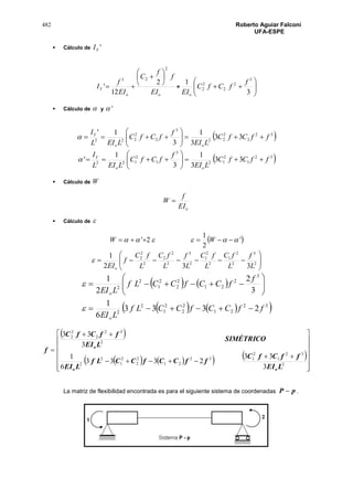 482 Roberto Aguiar Falconí
UFA-ESPE
 Cálculo de 'YI
oo
Y
EI
f
f
C
EI
f
I
2
23
2
12
'







 =







3
1 3
2
2
2
2
f
fCfC
EIo
 Cálculo de  y '
 32
2
2
22
3
2
2
222
33
3
1
3
1'
ffCfC
LEI
f
fCfC
LEIL
I
oo
Y







 32
1
2
12
3
1
2
122
33
3
1
3
1
' ffCfC
LEI
f
fCfC
LEIL
I
oo
Y







 Cálculo de W
oEI
f
W 
 Cálculo de 
 '
2
1
2'   WW






 2
3
2
2
1
2
2
1
2
3
2
2
2
2
2
2
332
1
L
f
L
fC
L
fC
L
f
L
fC
L
fC
f
EIo

   
    32
21
2
2
2
1
2
2
3
2
21
2
2
2
1
2
2
2333
6
1
3
2
2
1
ffCCfCCLf
LEI
f
fCCfCCLf
LEI
o
o










f
 
      

















2
32
1
2
132
21
2
2
2
1
2
2
2
32
2
2
2
3
33
2333
6
1
3
33
LEI
ffCfC
ffCCfCCLf
LEI
SIMÉTRICO
LEI
ffCfC
oo
o
La matriz de flexibilidad encontrada es para el siguiente sistema de coordenadas pP  .
 