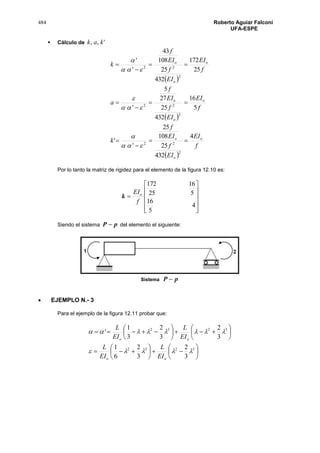 484 Roberto Aguiar Falconí
UFA-ESPE
 Cálculo de ',, kak
 
 
 
f
EI
EI
f
EI
f
k
f
EI
EI
f
EI
f
a
f
EI
EI
f
EI
f
k
o
o
o
o
o
o
o
o
o
4
432
25
108
25
'
'
5
16
432
25
27
5
'
25
172
432
25
108
43
'
'
2
22
2
22
2
22















Por lo tanto la matriz de rigidez para el elemento de la figura 12.10 es:
k












4
5
16
5
16
25
172
f
EIo
Siendo el sistema pP  del elemento el siguiente:
Sistema pP 
 EJEMPLO N.- 3
Para el ejemplo de la figura 12.11 probar que:


























3232
3232
3
2
3
2
6
1
3
2
3
2
3
1
'


ao
ao
EI
L
EI
L
EI
L
EI
L
 