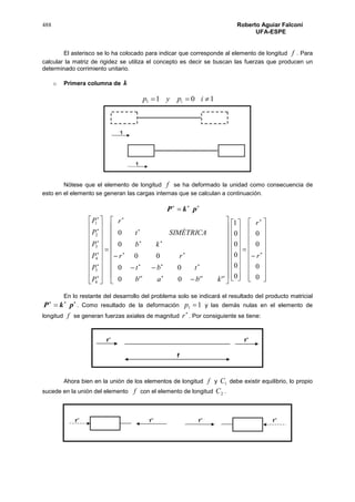 488 Roberto Aguiar Falconí
UFA-ESPE
El asterisco se lo ha colocado para indicar que corresponde al elemento de longitud f . Para
calcular la matriz de rigidez se utiliza el concepto es decir se buscan las fuerzas que producen un
determinado corrimiento unitario.
o Primera columna de k
1011  ipyp i
Nótese que el elemento de longitud f se ha deformado la unidad como consecuencia de
esto en el elemento se generan las cargas internas que se calculan a continuación.

 pkP



























6
5
4
3
2
1
P
P
P
P
P
P





























''0'0
00
00
0
0
kbab
tbt
rr
kb
SIMÉTRICAt
r












































0
0
0
0
0
0
0
0
0
1
r
r
En lo restante del desarrollo del problema solo se indicará el resultado del producto matricial

 pkP . Como resultado de la deformación 11 p y las demás nulas en el elemento de
longitud f se generan fuerzas axiales de magnitud

r . Por consiguiente se tiene:
Ahora bien en la unión de los elementos de longitud f y 1C debe existir equilibrio, lo propio
sucede en la unión del elemento f con el elemento de longitud 2C .
 