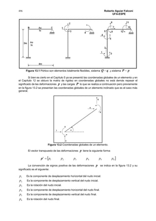 496 Roberto Aguiar Falconí
UFA-ESPE
Figura 13.1 Pórtico son elementos totalmente flexibles, sistema qQ  , y sistema pP 
Si bien es cierto en el Capítulo 5 ya se presentó las coordenadas globales de un elemento y en
el Capítulo 12 se obtuvo la matriz de rigidez en coordenadas globales no está demás repasar el
significado de las deformaciones p y las cargas P lo que se realiza a continuación pero previamente
en la figura 13.2 se presentan las coordenadas globales de un elemento inclinado que es el caso más
general.
Figura 13.2 Coordenadas globales de un elemento.
El vector transpuesto de las deformaciones p tiene la siguiente forma:
t
p  654321 pppppp
La convención de signos positiva de las deformaciones p se indica en la figura 13.2 y su
significado es el siguiente:
1p Es la componente de desplazamiento horizontal del nudo inicial.
2p Es la componente de desplazamiento vertical del nudo inicial.
3p Es la rotación del nudo inicial.
4p Es la componente de desplazamiento horizontal del nudo final.
5p Es la componente de desplazamiento vertical del nudo final.
6p Es la rotación del nudo final.
 