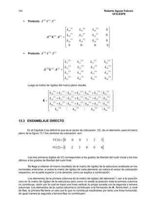 500 Roberto Aguiar Falconí
UFA-ESPE
 Producto
)1()1()1(
AkA t
)1()1()1(
AkA t














0000
0
0
0
)1(
66
)1(
65
)1(
64
)1(
56
)1(
55
)1(
54
)1(
46
)1(
45
)1(
44
kkk
kkk
kkk
 Producto
)2()2()2(
AkA t
)2()2()2(
AkA t














)2(
66
)2(
63
)2(
62
)2(
61
)2(
36
)2(
33
)2(
32
)2(
31
)2(
26
)2(
23
)2(
22
)2(
21
)2(
16
)2(
13
)2(
12
)2(
11
kkkk
kkkk
kkkk
kkkk
Luego la matriz de rigidez del marco plano resulta:
K

















)2(
66
)2(
63
)2(
62
)2(
61
)2(
36
)2(
33
)1(
66
)2(
32
)1(
65
)2(
31
)1(
64
)2(
26
)2(
23
)1(
56
)2(
22
)1(
55
)2(
21
)1(
54
)2(
16
)2(
13
)1(
46
)2(
12
)1(
45
)2(
11
)1(
44
kkkk
kkkkkkk
kkkkkkk
kkkkkkk




13.3 ENSAMBLAJE DIRECTO
En el Capítulo 5 se definió lo que es el vector de colocación, VC, de un elemento; para el marco
plano de la figura 13.1 los vectores de colocación, son:
 321000)1( VC
 400321)2( VC
Los tres primeros dígitos de VC corresponden a los grados de libertad del nudo inicial y los tres
últimos a los grados de libertad del nudo final.
Se llega a obtener el mismo resultado de la matriz de rigidez de la estructura analizada en los
numerales anteriores, si sobre la matriz de rigidez de cada elemento se coloca el vector de colocación
respectivo, en la parte superior y a la derecha, como se explica a continuación.
Los elementos de la primera columna de la matriz de rigidez del elemento 1 van a la posición
cero en la matriz de rigidez de la estructura pero como no existe la posición toda la primera columna
no contribuye, razón por la cual se traza una línea vertical, lo propio sucede con la segunda y tercera
columnas. Los elementos de la cuarta columna si contribuyen a la formación de K. Ahora bien, a nivel
de filas, la primera fila tiene un cero por lo que no contribuye trazándose por tanto una línea horizontal,
de igual manera la segunda y tercera filas no contribuyen.
 