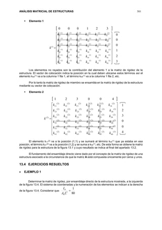 ANÁLISIS MATRICIAL DE ESTRUCTURAS 501
 Elemento 1
 























)1(
66
)1(
65
)1(
64
)1(
63
)1(
62
)1(
61
)1(
56
)1(
55
)1(
54
)1(
53
)1(
52
)1(
51
)1(
46
)1(
45
)1(
44
)1(
43
)1(
42
)1(
41
)1(
36
)1(
35
)1(
34
)1(
33
)1(
32
)1(
31
)1(
26
)1(
25
)1(
24
)1(
23
)1(
22
)1(
21
)1(
16
)1(
15
)1(
14
)1(
13
)1(
12
)1(
11
)1(
321000
kkkkkk
kkkkkk
kkkkkk
kkkkkk
kkkkkk
kkkkkk
k
Los elementos no rayados son la contribución del elemento 1 a la matriz de rigidez de la
estructura. El vector de colocación indica la posición en la cual deben ubicarse estos términos así el
elemento k44
(1) va a la columna 1 fila 1, el término k54
(1) va a la columna 1 fila 2, etc.
Por lo tanto la matriz de rigidez de miembro se ensambla en la matriz de rigidez de la estructura
mediante su vector de colocación.
 Elemento 2
 























)2(
66
)2(
65
)2(
64
)2(
63
)2(
62
)2(
61
)2(
56
)2(
55
)2(
54
)2(
53
)2(
52
)2(
51
)2(
46
)2(
45
)2(
44
)2(
43
)2(
42
)2(
41
)2(
36
)2(
35
)2(
34
)2(
33
)2(
32
)2(
31
)2(
26
)2(
25
)2(
24
)2(
23
)2(
22
)2(
21
)2(
16
)2(
15
)2(
14
)2(
13
)2(
12
)2(
11
)2(
400321
kkkkkk
kkkkkk
kkkkkk
kkkkkk
kkkkkk
kkkkkk
k
El elemento k11
(2) va a la posición (1,1) y se sumará al término k44
(1) que ya estaba en esa
posición, el término k21
(2) va a la posición (1,2) y se suma a k54
(1), etc. De esta forma se obtiene la matriz
de rigidez para la estructura de la figura 13.1 y cuyo resultado se indica al final del apartado 13.2.
El fundamento del ensamblaje directo viene dado por el concepto de la matriz de rigidez de una
estructura asociado a la circunstancia de que la matriz A está compuesta únicamente por ceros y unos.
13.4 EJERCICIOS RESUELTOS
 EJEMPLO 1
Determinar la matriz de rigidez, por ensamblaje directo de la estructura mostrada, a la izquierda
de la figura 13.4. El sistema de coordenadas y la numeración de los elementos se indican a la derecha
de la figura 13.4. Considerar que:
80
1
2
0
0

LA
I
0
0
0
1
2
3
1
2
3
0
0
4
 
