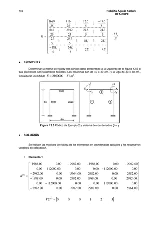 504 Roberto Aguiar Falconí
UFA-ESPE
3
22
22
42
5
24
5
18
28
5
24
5
12
5
24
5
24
25
2912
25
816
5
18
5
12
25
816
25
1688
L
EI
LL
LL
LL
LL
LL
LL
K o





























 EJEMPLO 2
Determinar la matriz de rigidez del pórtico plano presentado a la izquierda de la figura 13.5 si
sus elementos son totalmente flexibles. Las columnas son de 40 x 40 cm., y la viga de 30 x 30 cm.,
Considerar un módulo
2
/2100000 mTE  .
Figura 13.5 Pórtico de Ejemplo 2 y sistema de coordenadas 𝑸 − 𝒒
 SOLUCIÓN
Se indican las matrices de rigidez de los elementos en coordenadas globales y los respectivos
vectores de colocación.
 Elemento 1
)1(
k


























00.596400.000.298200.298200.000.2982
00.000.11200000.000.000.11200000.0
00.298200.000.198800.298200.000.1988
00.298200.000.298200.596400.000.2982
00.000.11200000.000.000.11200000.0
00.298200.000.198800.298200.000.1988
 321000)1(
VC
 