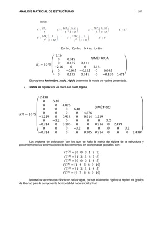 ANÁLISIS MATRICIAL DE ESTRUCTURAS 507
C1=1m, C2=1m, f= 4 m, L= 6m
𝐾3 = 10^5
(
2.16
0 0.045
0 0.135 0.471
−2.16 0 0 2.16
0 −0.045 −0.135 0 0.045
0 0.135 0.341 0 −0.135 0.471)
El programa kmiembro_nudo_rigido determina la matriz de rigidez presentada.
 Matriz de rigidez en un muro sin nudo rígido
𝐾𝐻 = 10^5
(
2.438
0 6.40
0 0 4.876
0 0 0 6.40
0 0 0 0 4.876
−1.219 0 0.914 0 0.914 1.219
0 −3.2 0 0 0 0 3.2
−0.914 0 0.305 0 0 0.914 0 2.439
0 0 0 −3.2 0 0 0 0 3.2
−0.914 0 0 0 0.305 0.914 0 0 0 2.438)
Los vectores de colocación con los que se halla la matriz de rigidez de la estructura y
posteriormente las deformaciones de los elementos en coordenadas globales, son:
𝑉𝐶(1)
= [0 0 0 1 2 3]
𝑉𝐶(2)
= [1 2 3 6 7 8]
𝑉𝐶(3)
= [0 0 0 1 4 5]
𝑉𝐶(4)
= [1 4 5 6 9 10]
𝑉𝐶(5)
= [1 2 3 1 4 5]
𝑉𝐶(6)
= [6 7 8 6 9 10]
Nótese los vectores de colocación de las vigas, por ser axialmente rígidos se repiten los grados
de libertad para la componente horizontal del nudo inicial y final.
SIMÉTRICA
AA
SIMÉTRIC
A
 