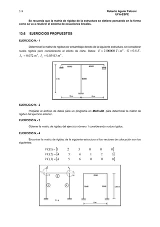 518 Roberto Aguiar Falconí
UFA-ESPE
Se recuerda que la matriz de rigidez de la estructura se obtiene pensando en la forma
como se va a resolver el sistema de ecuaciones lineales.
13.6 EJERCICIOS PROPUESTOS
EJERCICIO N.- 1
Determinar la matriz de rigidez por ensamblaje directo de la siguiente estructura, sin considerar
nudos rígidos pero considerando el efecto de corte. Datos:
2
/2100000 mTE  , EG 4.0 ,
4
072.0 mIV  ,
4
03413.0 mIc  .
EJERCICIO N.- 2
Preparar el archivo de datos para un programa en MATLAB, para determinar la matriz de
rigidez del ejercicio anterior.
EJERCICIO N.- 3
Obtener la matriz de rigidez del ejercicio número 1 considerando nudos rígidos.
EJERCICIO N.- 4
Encontrar la matriz de rigidez de la siguiente estructura si los vectores de colocación son los
siguientes:
 
 
 000654)3(
321654)2(
000321)1(



VC
VC
VC
 