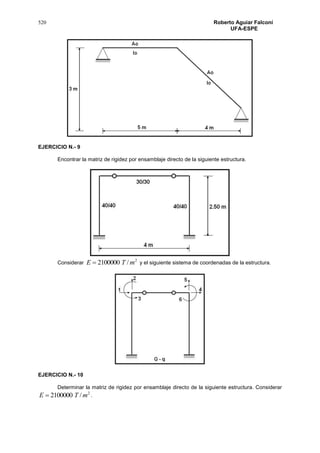 520 Roberto Aguiar Falconí
UFA-ESPE
EJERCICIO N.- 9
Encontrar la matriz de rigidez por ensamblaje directo de la siguiente estructura.
Considerar
2
/2100000 mTE  y el siguiente sistema de coordenadas de la estructura.
EJERCICIO N.- 10
Determinar la matriz de rigidez por ensamblaje directo de la siguiente estructura. Considerar
2
/2100000 mTE  .
 
