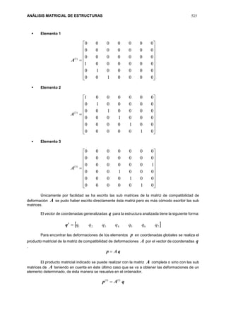 ANÁLISIS MATRICIAL DE ESTRUCTURAS 525
 Elemento 1





















0000100
0000010
0000001
0000000
0000000
0000000
)1(
A
 Elemento 2





















0100000
0010000
0001000
0000100
0000010
0000001
)2(
A
 Elemento 3





















0100000
0010000
0001000
1000000
0000000
0000000
)3(
A
Únicamente por facilidad se ha escrito las sub matrices de la matriz de compatibilidad de
deformación A se pudo haber escrito directamente ésta matriz pero es más cómodo escribir las sub
matrices.
El vector de coordenadas generalizadas q para la estructura analizada tiene la siguiente forma:
t
q  7654321 qqqqqqq
Para encontrar las deformaciones de los elementos p en coordenadas globales se realiza el
producto matricial de la matriz de compatibilidad de deformaciones A por el vector de coordenadas q
.
qAp 
El producto matricial indicado se puede realizar con la matriz A completa o sino con las sub
matrices de A teniendo en cuenta en éste último caso que se va a obtener las deformaciones de un
elemento determinado, de ésta manera se resuelve en el ordenador.
qAp )1()1(

 