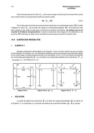 528 Roberto Aguiar Falconí
UFA-ESPE
Pero la transpuesta de la matriz 32T es la inversa, luego se tendría que la inversa de la inversa
es la misma matriz en consecuencia la última ecuación queda:
PGTPL 32
Por lo tanto para encontrar las acciones de los elementos en coordenadas locales PL se debe
multiplicar la matriz 32T por el vector de cargas en coordenadas globales PG . Si la estructura solo
tiene cargas en las juntas en éste paso se termina de resolver el problema. Se destaca que se ha
resuelto el Problema Complementario. Cuando la estructura tiene cargas en los elementos a las
acciones PL obtenidas se debe sumar el problema primario para encontrar la solución total.
14.4 EJERCICIOS RESUELTOS
 EJEMPLO 1
Resolver el Ejemplo 4 desarrollado en el Capítulo 11 pero en forma similar a la que se realiza
en el ordenador. En la figura 14.3.1 se describe el problema que es una estructura que tiene solo cargas
en los nudos luego no existe problema primario y en las figuras 14.3.2 y 14.3.3 se indican los sistemas
de coordenadas generalizadas qQ  y el sistema de coordenadas globales de los elementos pP 
. Considerar
2
/513.2173706 mTE  .
Figura 14.3.1 Figura 14.3.2 qQ  Figura 14.3.3 pP 
 SOLUCIÓN
La matriz de rigidez de la estructura K y el vector de cargas generalizadas Q se indican en
el Capítulo 11, en el Ejemplo 4. La solución del sistema de ecuaciones lineales: qKQ  reporta:
(14.4)
 