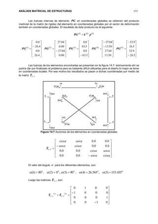 ANÁLISIS MATRICIAL DE ESTRUCTURAS 535
Las fuerzas internas de elemento PG en coordenadas globales se obtienen del producto
matricial de la matriz de rigidez del elemento en coordenadas globales por el vector de deformación
también en coordenadas globales. El resultado de éste producto es el siguiente:
)()()( iii
pkPG 








































































5.26
9.52
5.26
9.52
50.13
04.27
50.13
04.27
5.63
0.0
5.63
0.0
00.0
04.27
00.0
04.27
4.26
0.0
4.26
0.0
)5()4()3()2()1(
PGPGPGPGPG
Las fuerzas de los elementos encontradas se presentan en la figura 14.7, teóricamente ahí se
podría dar por finalizado el problema pero es bastante difícil utilizarlas para el diseño lo mejor es tener
en coordenadas locales. Por ese motivo los resultados se pasan a dichas coordenadas por medio de
la matriz 32T
Figura 14.7 Acciones de los elementos en coordenadas globales
32T


















cos0.00.0
cos0.00.0
0.00.0cos
0.00.0cos
sen
sen
sen
sen
El valor del ángulo  para los diferentes elementos, son:
,0)2(,90)1( 00
  0
90)3(  00
435.153)5(,565.26)4(,  
Luego las matrices 32T son:














 
0100
1000
0001
0010
)3(
32
)1(
32 TT
 