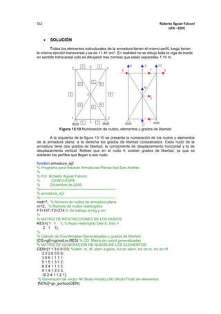 Roberto Aguiar Falconí
UFA - ESPE
552
 SOLUCIÓN
Todos los elementos estructurales de la armadura tienen el mismo perfil, luego tienen
la misma sección transversal y es de 11.41 cm2. En realidad no se dibujo toda la viga de borde
en sentido transversal solo se dibujaron tres correas que están separadas 1.14 m.
Figura 15.10 Numeración de nudos, elementos y grados de libertad.
A la izquierda de la figura 15.10 se presenta la numeración de los nudos y elementos
de la armadura plana; a la derecha los grados de libertad considerados. Cada nudo de la
armadura tiene dos grados de libertad, la componente de desplazamiento horizontal y la de
desplazamiento vertical. Nótese que en el nudo 4, existen grados de libertad, ya que se
soldarán los perfiles que llegan a ese nudo.
function armadura_ej2
% Programa para resolver Armaduras Planas tipo San Andres
%
% Por: Roberto Aguiar Falconi
% CEINCI-ESPE
% Diciembre de 2009
%-------------------------------------------------------------
% armadura_ej2
%-------------------------------------------------------------
nod=7; % Número de nudos de armadura plana
nr=2; % Número de nudos restringidos
F1=137; F2=274;% Se trabaja en kg y cm
%
% MATRIZ DE RESTRICCIONES DE LOS NUDOS
RES=[ 1 1 1; % Nudo restringido Des X, Des Y
2 1 1];
%
% Calculo de Coordenadas Generalizadas y grados de libertad
[CG,ngl]=cg(nod,nr,RES) % CG Matriz de coord generalizadas
% MATRIZ DE GENERACION DE NUDOS DE LOS ELEMENTOS
GEN=[1 1 3 0 0 0 0; %elem, ni, nf, elem a gene, inc en elem, inc en ni, inc en nf
2 3 2 0 0 0 0;
3 5 6 1 1 1 1;
5 1 5 1 3 1 2;
6 3 4 1 1 1 2;
9 1 4 1 3 3 3;
10 2 4 1 1 2 1];
% Generación de vector NI (Nudo Inicial) y NJ (Nudo Final) de elementos
[NI,NJ]=gn_portico(GEN);
 