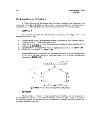 Roberto Aguiar Falconí
UFA - ESPE
556
15.2.2 Solución de un Pórtico Plano
El Análisis Matricial de Estructuras, está orientado a resolver una estructura en el
computador, sin embargo de ello y con el propósito de conocer exactamente cómo se resuelve
una estructura por el Método de los Desplazamientos, se desarrolla el siguiente ejercicio,
 EJEMPLO 3
Se considera que todos los elementos de la estructura de la figura 15.13, son
totalmente flexibles, se pide:
i. Encontrar el Vector de Cargas Generalizadas 𝑸, empleando el Algoritmo denominado:
Problema Primario y Problema Complementario.
ii. Indicar como se obtiene el Vector de Cargas Generalizadas 𝑸 utilizando la librería de
programas de CEINCI-LAB.
iii. Describir la forma como se halla la matriz de rigidez de la estructura con CEINCI-LAB.
iv. Presentar la solución total con CEINCI-LAB
No se desea elaborar un Programa que resuelva la estructura en forma completa como
se hizo con el Ejemplo 1, lo que se quiere es ilustrar como se utilizan las diferentes
subrutinas de CEINCI-LAB.
Figura 15.13 Pórtico Plano correspondiente al Ejemplo 3.
 SOLUCIÓN
A la izquierda de la figura 15.14 se presenta la numeración de los nudos, que se ha
considerado en la solución, en concordancia con esta numeración de los nudos, a la derecha
se indican los grados de libertad. Por ser los elementos totalmente flexibles existente tres
grados de libertad en cada nudo.
 