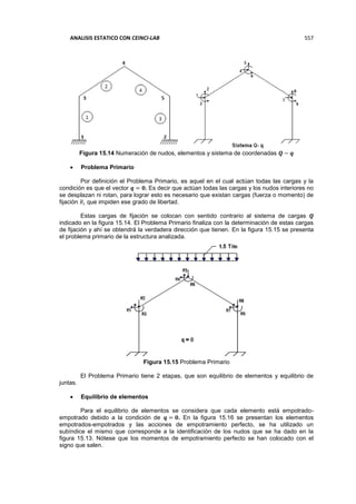 ANALISIS ESTATICO CON CEINCI-LAB 557
Figura 15.14 Numeración de nudos, elementos y sistema de coordenadas 𝑸 − 𝒒
 Problema Primario
Por definición el Problema Primario, es aquel en el cual actúan todas las cargas y la
condición es que el vector 𝒒 = 𝟎. Es decir que actúan todas las cargas y los nudos interiores no
se desplazan ni rotan, para lograr esto es necesario que existan cargas (fuerza o momento) de
fijación 𝑅𝑖 que impiden ese grado de libertad.
Estas cargas de fijación se colocan con sentido contrario al sistema de cargas 𝑸
indicado en la figura 15.14. El Problema Primario finaliza con la determinación de estas cargas
de fijación y ahí se obtendrá la verdadera dirección que tienen. En la figura 15.15 se presenta
el problema primario de la estructura analizada.
Figura 15.15 Problema Primario
El Problema Primario tiene 2 etapas, que son equilibrio de elementos y equilibrio de
juntas.
 Equilibrio de elementos
Para el equilibrio de elementos se considera que cada elemento está empotrado-
empotrado debido a la condición de 𝒒 = 𝟎. En la figura 15.16 se presentan los elementos
empotrados-empotrados y las acciones de empotramiento perfecto, se ha utilizado un
subíndice el mismo que corresponde a la identificación de los nudos que se ha dado en la
figura 15.13. Nótese que los momentos de empotramiento perfecto se han colocado con el
signo que salen.
 