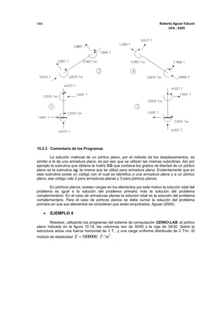 Roberto Aguiar Falconí
UFA - ESPE
566
15.2.3 Comentario de los Programas
La solución matricial de un pórtico plano, por el método de los desplazamientos, es
similar a la de una armadura plana, es por eso que se utilizan las mismas subrutinas. Así por
ejemplo la subrutina que obtiene la matriz CG que contiene los grados de libertad de un pórtico
plano es la subrutina cg, la misma que se utilizó para armadura plana. Evidentemente que en
esta subrutina existe un código con el cual se identifica a una armadura plana y a un pórtico
plano; ese código vale 2 para armaduras planas y 3 para pórticos planos.
En pórticos planos, existen cargas en los elementos por este motivo la solución total del
problema es igual a la solución del problema primario más la solución del problema
complementario. En el caso de armaduras planas la solución total es la solución del problema
complementario. Para el caso de pórticos planos se debe sumar la solución del problema
primario en que sus elementos se consideran que están empotrados. Aguiar (2004).
 EJEMPLO 4
Resolver, utilizando los programas del sistema de computación CEINCI-LAB, el pórtico
plano indicado en la figura 15.19, las columnas son de 30/40 y la viga de 30/30. Sobre la
estructura actúa una fuerza horizontal de 3 T., y una carga uniforme distribuida de 2 T/m. El
módulo de elasticidad
2
/1800000 mTE  .
 