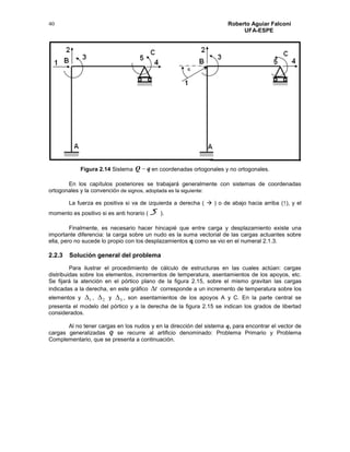 Roberto Aguiar Falconí
UFA-ESPE
40
Figura 2.14 Sistema en coordenadas ortogonales y no ortogonales.
En los capítulos posteriores se trabajará generalmente con sistemas de coordenadas
ortogonales y la convención de signos, adoptada es la siguiente:
La fuerza es positiva si va de izquierda a derecha (  ) o de abajo hacia arriba (↑), y el
momento es positivo si es anti horario ( ).
Finalmente, es necesario hacer hincapié que entre carga y desplazamiento existe una
importante diferencia: la carga sobre un nudo es la suma vectorial de las cargas actuantes sobre
ella, pero no sucede lo propio con los desplazamientos q como se vio en el numeral 2.1.3.
2.2.3 Solución general del problema
Para ilustrar el procedimiento de cálculo de estructuras en las cuales actúan: cargas
distribuidas sobre los elementos, incrementos de temperatura, asentamientos de los apoyos, etc.
Se fijará la atención en el pórtico plano de la figura 2.15, sobre el mismo gravitan las cargas
indicadas a la derecha, en este gráfico t corresponde a un incremento de temperatura sobre los
elementos y 1 , 2 y 3 , son asentamientos de los apoyos A y C. En la parte central se
presenta el modelo del pórtico y a la derecha de la figura 2.15 se indican los grados de libertad
considerados.
Al no tener cargas en los nudos y en la dirección del sistema 𝒒, para encontrar el vector de
cargas generalizadas 𝑸 se recurre al artificio denominado: Problema Primario y Problema
Complementario, que se presenta a continuación.
qQ 
 