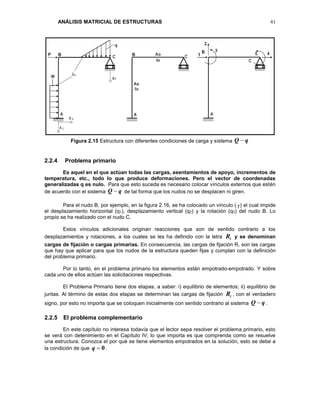 ANÁLISIS MATRICIAL DE ESTRUCTURAS 41
Figura 2.15 Estructura con diferentes condiciones de carga y sistema
2.2.4 Problema primario
Es aquel en el que actúan todas las cargas, asentamientos de apoyo, incrementos de
temperatura, etc., todo lo que produce deformaciones. Pero el vector de coordenadas
generalizadas q es nulo. Para que esto suceda es necesario colocar vínculos externos que estén
de acuerdo con el sistema de tal forma que los nudos no se desplacen ni giren.
Para el nudo B, por ejemplo, en la figura 2.16, se ha colocado un vínculo (┌) el cual impide
el desplazamiento horizontal (q1), desplazamiento vertical (q2) y la rotación (q3) del nudo B. Lo
propio se ha realizado con el nudo C.
Estos vínculos adicionales originan reacciones que son de sentido contrario a los
desplazamientos y rotaciones, a los cuales se les ha definido con la letra iR y se denominan
cargas de fijación o cargas primarias. En consecuencia, las cargas de fijación R, son las cargas
que hay que aplicar para que los nudos de la estructura queden fijas y cumplan con la definición
del problema primario.
Por lo tanto, en el problema primario los elementos están empotrado-empotrado. Y sobre
cada uno de ellos actúan las solicitaciones respectivas.
El Problema Primario tiene dos etapas, a saber: i) equilibrio de elementos; ii) equilibrio de
juntas. Al término de estas dos etapas se determinan las cargas de fijación iR , con el verdadero
signo, por esto no importa que se coloquen inicialmente con sentido contrario al sistema .
2.2.5 El problema complementario
En este capítulo no interesa todavía que el lector sepa resolver el problema primario, esto
se verá con detenimiento en el Capítulo IV, lo que importa es que comprenda como se resuelve
una estructura. Conozca el por qué se tiene elementos empotrados en la solución, esto se debe a
la condición de que 0q .
qQ 
qQ 
qQ 
 