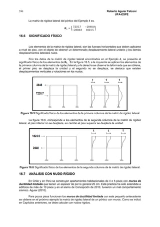 590 Roberto Aguiar Falconí
UFA-ESPE
La matriz de rigidez lateral del pórtico del Ejemplo 4 es.
𝑲 𝐿 = [
7235.7 −2848.0
−2848.0 1823.5
]
16.6 SIGNIFICADO FÍSICO
Los elementos de la matriz de rigidez lateral, son las fuerzas horizontales que deben aplicarse
a nivel de piso, con el objeto de obtener un determinado desplazamiento lateral unitario y los demás
desplazamientos laterales nulos.
Con los datos de la matriz de rigidez lateral encontrados en el Ejemplo 4, se presenta el
significado físico de los elementos de KL. En la figura 16.5, a la izquierda se aplican los elementos de
la primera columna de la matriz de rigidez lateral y a la derecha se observa la deformada que se obtiene,
el primer piso se desplaza la unidad y el segundo no se desplaza; se destaca que existen
desplazamientos verticales y rotaciones en los nudos.
Figura 16.5 Significado físico de los elementos de la primera columna de la matriz de rigidez lateral
La figura 16.6, corresponde a los elementos de la segunda columna de la matriz de rigidez
lateral, el piso inferior no se desplaza, en cambio el piso superior se desplaza la unidad.
Figura 16.6 Significado físico de los elementos de la segunda columna de la matriz de rigidez lateral.
16.7 ANÁLISIS CON NUDO RÍGIDO
En Chile y en Perú se construyen apartamentos habitacionales de 4 o 5 pisos con muros de
ductilidad limitada que tienen un espesor de por lo general 20 cm. Está practica ha sido extendida a
edificios de más de 10 pisos y en el sismo de Concepción de 2010, tuvieron un mal comportamiento
sísmico. Aguiar (2010).
Para pocos pisos funcionan los muros de ductilidad limitada con este pequeño antecedente
se obtiene en el próximo ejemplo la matriz de rigidez lateral de un pórtico con muros. Como se indicó
en Capítulos anteriores, se debe calcular con nudos rígidos.
 