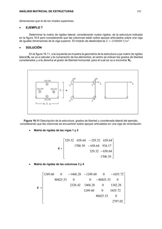 ANÁLISIS MATRICIAL DE ESTRUCTURAS 595
dimensiones que la de los niveles superiores.
 EJEMPLO 7
Determinar la matriz de rigidez lateral, considerando nudos rígidos, de la estructura indicada
en la figura 16.6 pero considerando que las columnas están sobre apoyos articulados sobre una viga
de iguales dimensiones de la viga superior. El módulo de elasticidad es 𝐸 = 2100000 𝑇/𝑚2
.
 SOLUCIÓN
En la figura 16.11, a la izquierda se muestra la geometría de la estructura cuya matriz de rigidez
lateral KL se va a calcular y la numeración de los elementos; al centro se indican los grados de libertad
considerados y a la derecha el grado de libertad horizontal, para el cual se va a encontrar KL.
Figura 16.11 Descripción de la estructura, grados de libertad y coordenada lateral del ejemplo,
considerando que las columnas se encuentran sobre apoyos articulados en una viga de cimentación.
 Matriz de rigidez de las vigas 1 y 2
k =

















39.1700
64.65832.329
17.93464.65839.1700
64.65832.32964.65832.329
 Matriz de rigidez de las columnas 3 y 4
k =






















02.2797
053.80425
72.1655060.1249
28.1342028.146842.2328
053.804250053.80425
72.1655060.124928.1468060.1249
 