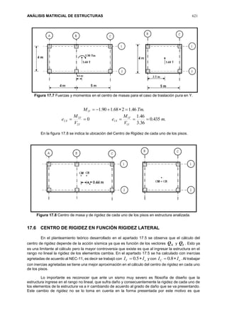 ANÁLISIS MATRICIAL DE ESTRUCTURAS 621
Figura 17.7 Fuerzas y momentos en el centro de masas para el caso de traslación pura en Y.
.46.1268.190.11 TmM T 
.435.0
36.3
46.1
0
1
1
1
2
2
2 m
V
M
e
V
M
e
Y
T
X
Y
T
X 
En la figura 17.8 se indica la ubicación del Centro de Rigidez de cada uno de los pisos.
Figura 17.8 Centro de masa y de rigidez de cada uno de los pisos en estructura analizada.
17.6 CENTRO DE RIGIDEZ EN FUNCIÓN RIGIDEZ LATERAL
En el planteamiento teórico desarrollado en el apartado 17.5 se observa que el cálculo del
centro de rigidez depende de la acción sísmica ya que es función de los vectores XQ y YQ . Esto ya
es una limitante al cálculo pero la mayor controversia que existe es que al ingresar la estructura en el
rango no lineal la rigidez de los elementos cambia. En el apartado 17.5 se ha calculado con inercias
agrietadas de acuerdo al NEC-11, es decir se trabajó con oV II  5.0 y con oC II  8.0 . Al trabajar
con inercias agrietadas se tiene una mejor aproximación en el cálculo del centro de rigidez en cada uno
de los pisos.
Lo importante es reconocer que ante un sismo muy severo es filosofía de diseño que la
estructura ingrese en el rango no lineal, que sufra daño y consecuentemente la rigidez de cada uno de
los elementos de la estructura va a ir cambiando de acuerdo al grado de daño que se va presentando.
Este cambio de rigidez no se lo toma en cuenta en la forma presentada por este motivo es que
 