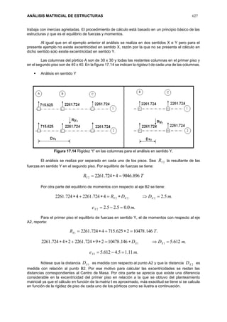 ANÁLISIS MATRICIAL DE ESTRUCTURAS 627
trabaja con inercias agrietadas. El procedimiento de cálculo está basado en un principio básico de las
estructuras y que es el equilibrio de fuerzas y momentos.
Al igual que en el ejemplo anterior el análisis se realiza en dos sentidos X e Y pero para el
presente ejemplo no existe excentricidad en sentido X, razón por la que no se presenta el cálculo en
dicho sentido solo existe excentricidad en sentido Y.
Las columnas del pórtico A son de 30 x 30 y todas las restantes columnas en el primer piso y
en el segundo piso son de 40 x 40. En la figura 17.14 se indican la rigidez t de cada una de las columnas.
 Análisis en sentido Y
Figura 17.14 Rigidez “t” en las columnas para el análisis en sentido Y.
El análisis se realiza por separado en cada uno de los pisos. Sea 2YR la resultante de las
fuerzas en sentido Y en el segundo piso. Por equilibrio de fuerzas se tiene:
TRY 896.90464724.22612 
Por otra parte del equilibrio de momentos con respecto al eje B2 se tiene:
.5.24724.22614724.2261 222 mDDR XXY 
.0.05.25.22 meX 
Para el primer piso el equilibrio de fuerzas en sentido Y, el de momentos con respecto al eje
A2, reporta:
.146.104782625.7154724.22611 TRY 
.612.5146.1047829724.226124724.2261 11 mDD XX 
.11.15.4612.51 meX 
Nótese que la distancia 1XD es medida con respecto al punto A2 y que la distancia 2XD es
medida con relación al punto B2. Por ese motivo para calcular las excentricidades se restan las
distancias correspondientes al Centro de Masa. Por otra parte se aprecia que existe una diferencia
considerable en la excentricidad del primer piso en relación a la que se obtuvo del planteamiento
matricial ya que el cálculo en función de la matriz t es aproximado, más exactitud se tiene si se calcula
en función de la rigidez de piso de cada uno de los pórticos como se ilustra a continuación.
 