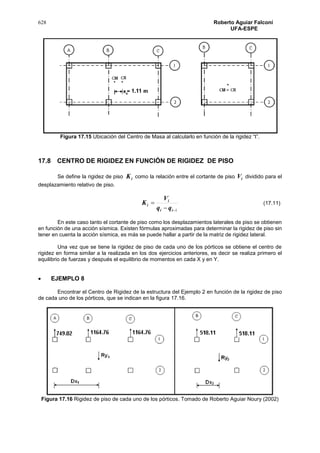 628 Roberto Aguiar Falconí
UFA-ESPE
Figura 17.15 Ubicación del Centro de Masa al calcularlo en función de la rigidez “t”.
17.8 CENTRO DE RIGIDEZ EN FUNCIÓN DE RIGIDEZ DE PISO
Se define la rigidez de piso iK como la relación entre el cortante de piso iV dividido para el
desplazamiento relativo de piso.
1

ii
i
i
qq
V
K
En este caso tanto el cortante de piso como los desplazamientos laterales de piso se obtienen
en función de una acción sísmica. Existen fórmulas aproximadas para determinar la rigidez de piso sin
tener en cuenta la acción sísmica, es más se puede hallar a partir de la matriz de rigidez lateral.
Una vez que se tiene la rigidez de piso de cada uno de los pórticos se obtiene el centro de
rigidez en forma similar a la realizada en los dos ejercicios anteriores, es decir se realiza primero el
equilibrio de fuerzas y después el equilibrio de momentos en cada X y en Y.
 EJEMPLO 8
Encontrar el Centro de Rigidez de la estructura del Ejemplo 2 en función de la rigidez de piso
de cada uno de los pórticos, que se indican en la figura 17.16.
Figura 17.16 Rigidez de piso de cada uno de los pórticos. Tomado de Roberto Aguiar Noury (2002)
(17.11)
 