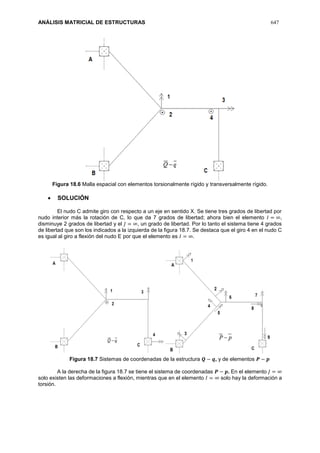 ANÁLISIS MATRICIAL DE ESTRUCTURAS 647
Figura 18.6 Malla espacial con elementos torsionalmente rígido y transversalmente rígido.
 SOLUCIÓN
El nudo C admite giro con respecto a un eje en sentido X. Se tiene tres grados de libertad por
nudo interior más la rotación de C, lo que da 7 grados de libertad; ahora bien el elemento 𝐼 = ∞,
disminuye 2 grados de libertad y el 𝐽 = ∞, un grado de libertad. Por lo tanto el sistema tiene 4 grados
de libertad que son los indicados a la izquierda de la figura 18.7. Se destaca que el giro 4 en el nudo C
es igual al giro a flexión del nudo E por que el elemento es 𝐼 = ∞.
Figura 18.7 Sistemas de coordenadas de la estructura 𝑸 − 𝒒, y de elementos 𝑷 − 𝒑
A la derecha de la figura 18.7 se tiene el sistema de coordenadas 𝑷 − 𝒑. En el elemento 𝐽 = ∞
solo existen las deformaciones a flexión, mientras que en el elemento 𝐼 = ∞ solo hay la deformación a
torsión.
 