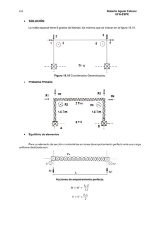 654 Roberto Aguiar Falconí
UFA-ESPE
 SOLUCIÓN
La malla espacial tiene 6 grados de libertad, los mismos que se indican en la figura 18.10.
Figura 18.10 Coordenadas Generalizadas.
 Problema Primario
 Equilibrio de elementos
Para un elemento de sección constante las acciones de empotramiento perfecto ante una carga
uniforme distribuida son.
Acciones de empotramiento perfecto.
M = M′
=
Po L2
12
V = V′
=
Po L
2
 