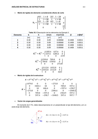 ANÁLISIS MATRICIAL DE ESTRUCTURAS 661
 Matriz de rigidez de elemento considerando efecto de corte
𝒌 𝟏 =
[
4𝐸𝐼
𝐿
∗
1 + ∅
1 + 4∅
2𝐸𝐼
𝐿
∗
1 − 2∅
1 + 4∅
0
2𝐸𝐼
𝐿
∗
1 − 2∅
1 + 4∅
4𝐸𝐼
𝐿
∗
1 + ∅
1 + 4∅
0
0 0
𝐺𝐽
𝐿 ]
Tabla 18.1 Descripción de los elementos de Ejemplo 5.
Elemento b h A=b.h I=b.h3/12 β J=βhb3
[m] [m] [m2] [m4]
1 0.30 0.30 0.09 0.00068 0.1408 0.0011
2 0.30 0.30 0.09 0.00068 0.1408 0.0011
3 0.30 0.30 0.09 0.00068 0.1408 0.0011
4 0.30 0.30 0.09 0.00068 0.1408 0.0011
𝒌1
(1)
= 𝒌1
(2)
= [
1285.6 637.6 0
637.6 1285.6 0
0 0 219
]
𝒌1
(3)
= [
1599.8 789.8 0
789.8 1599.8 0
0 0 273.8
]
𝒌 𝟏
(𝟒)
= [
2112.8 1032.8 0
1032.8 2112.8 0
0 0 365
]
 Matriz de rigidez de la estructura
𝑲 = 𝑨(𝟏)𝒕
𝒌 𝟏
(𝟏)
𝑨(𝟏)
+ 𝑨(𝟐)𝒕
𝒌 𝟏
(𝟐)
𝑨(𝟐)
+ 𝑨(𝟑)𝒕
𝒌 𝟏
(𝟑)
𝑨(𝟑)
+ 𝑨(𝟒)𝒕
𝒌 𝟏
(𝟒)
𝑨(𝟒)
𝑲 =
[
1479.8 0 0 −273.8 0 0
0 3403.1 18 0 789.8 597.4
0 18 606.4 0 −597.4 −298.7
−273.8 0 0 2386.6 0 −1048.5
0 789.8 −597.4 0 1964.9 597.4
0 597.4 −298.7 −1048.5 597.4 997.7 ]
 Vector de cargas generalizadas
El momento de 4 Tm, debe descomponerse en un perpendicular al eje del elemento y en un
axial al eje del elemento.
 