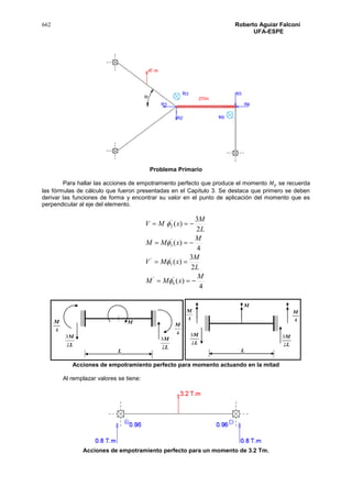 662 Roberto Aguiar Falconí
UFA-ESPE
Problema Primario
Para hallar las acciones de empotramiento perfecto que produce el momento 𝑀 𝑦 se recuerda
las fórmulas de cálculo que fueron presentadas en el Capítulo 3. Se destaca que primero se deben
derivar las funciones de forma y encontrar su valor en el punto de aplicación del momento que es
perpendicular al eje del elemento.
4
)(
2
3
)(
4
)(
2
3
)(
'
6
'
'
5
'
'
3
'
2
M
xMM
L
M
xMV
M
xMM
L
M
xMV








Acciones de empotramiento perfecto para momento actuando en la mitad
Al remplazar valores se tiene:
Acciones de empotramiento perfecto para un momento de 3.2 Tm.
 